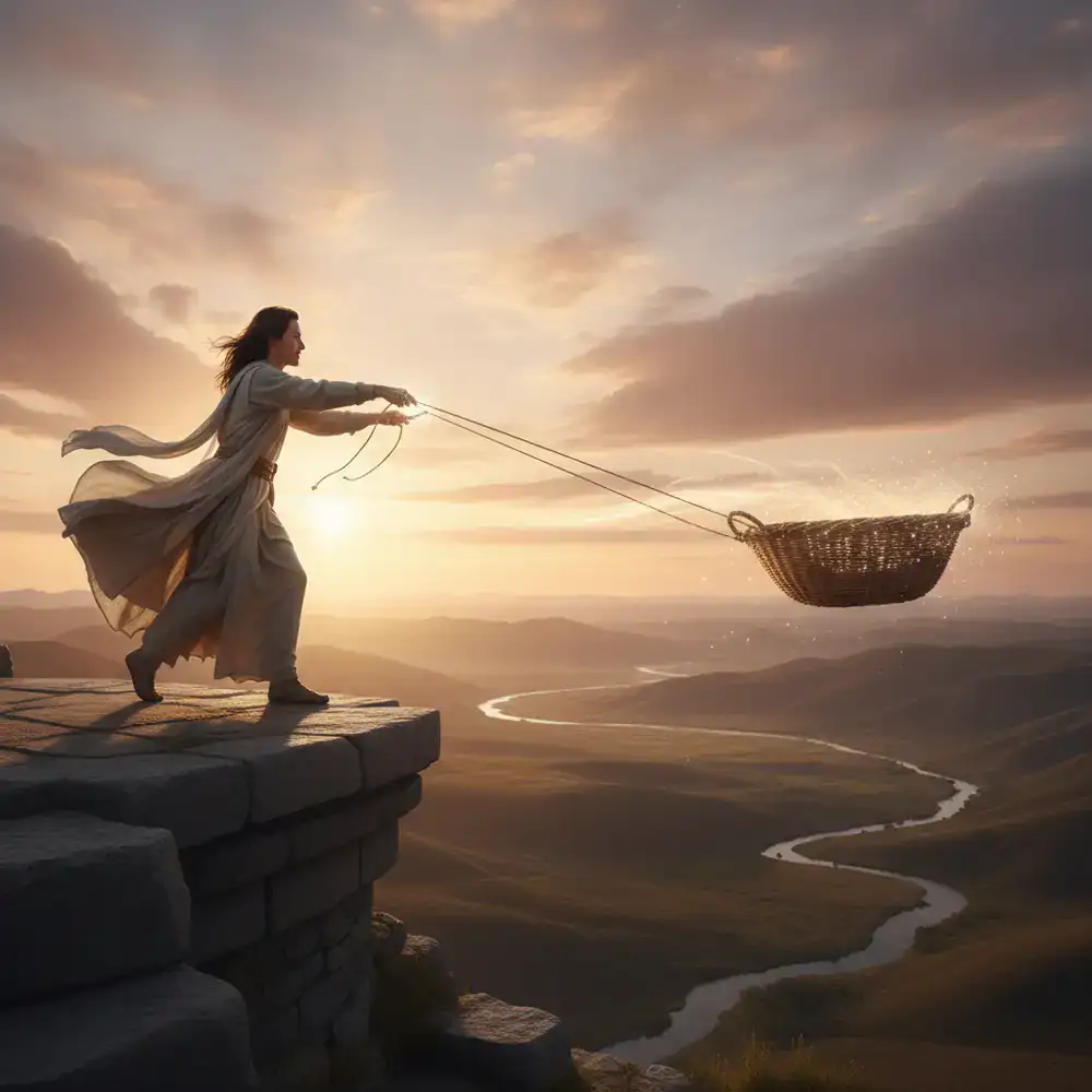 Character controlling the basket movement sweeping across the screen horizontally