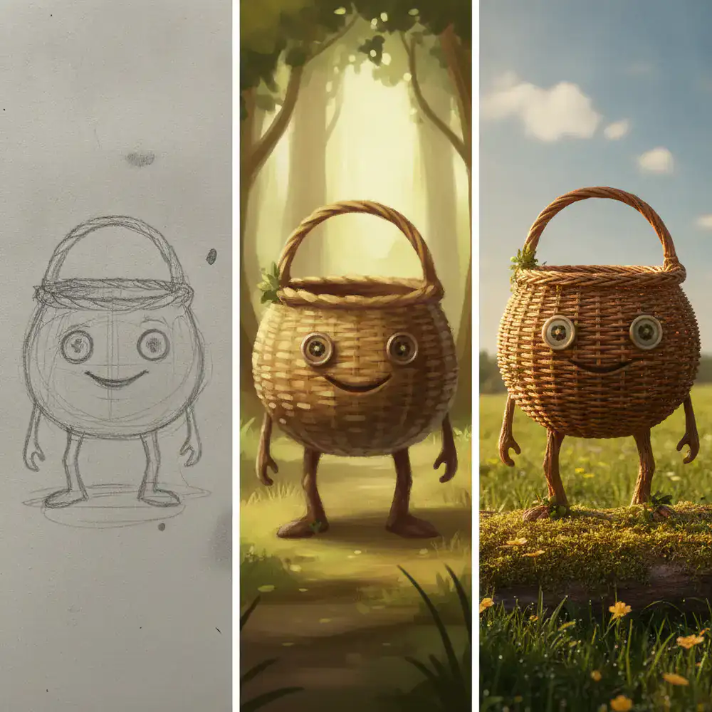 Progression of the main basket character from rough pencil outlines to final 3D rendered sprite