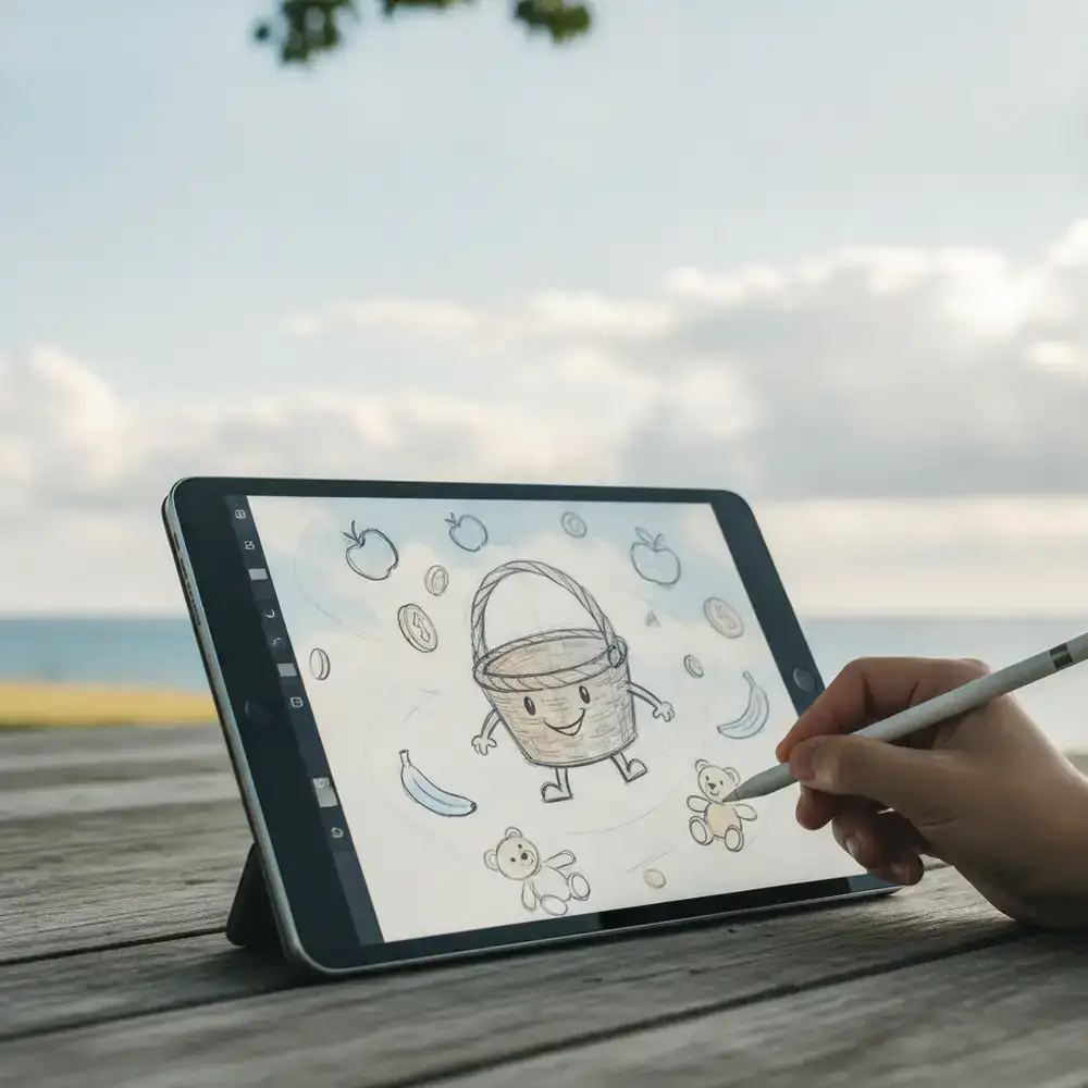 Initial sketches and design drafts for the Basket character and falling items on a digital tablet