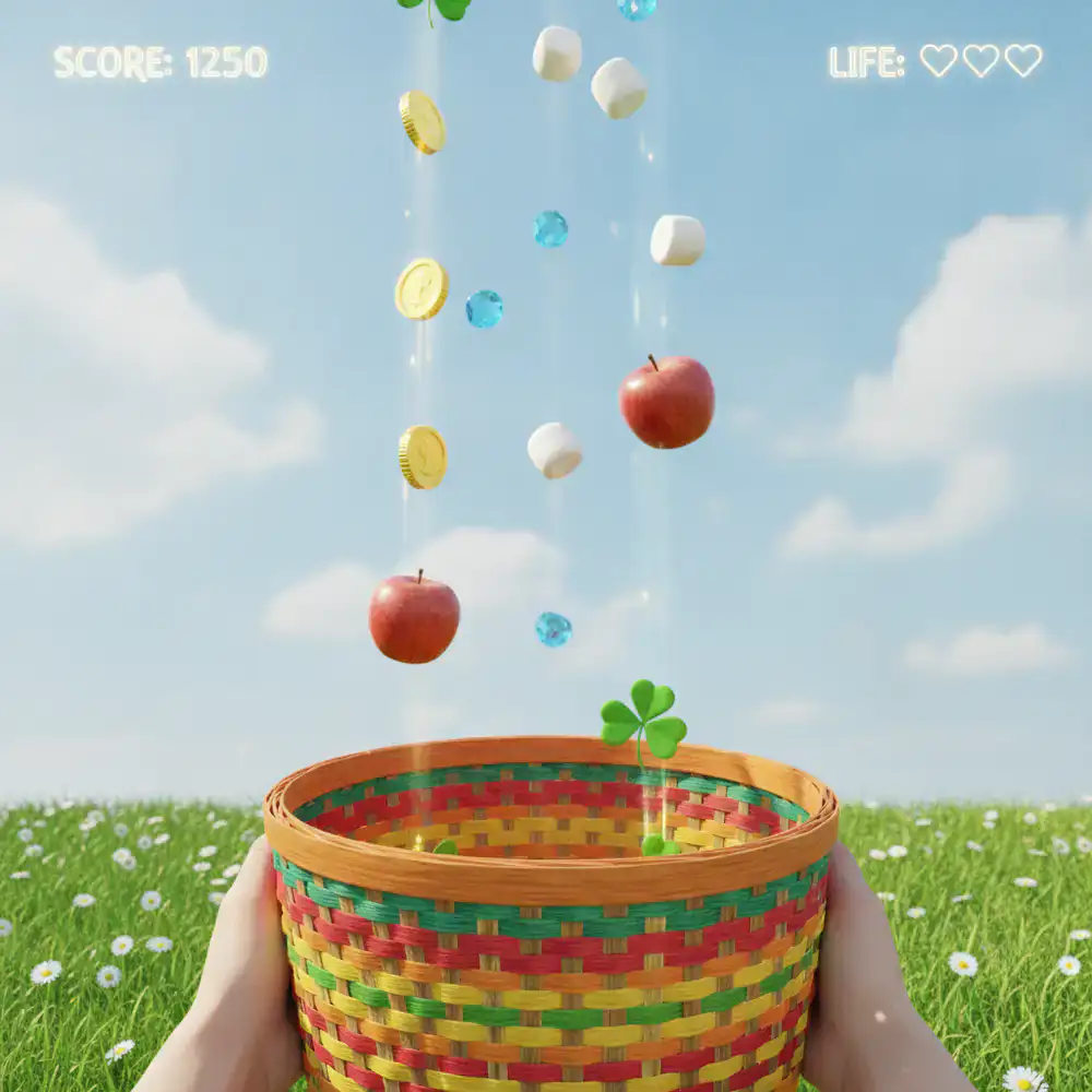 Gameplay interface showing a colorful basket catching items falling from a vibrant blue sky