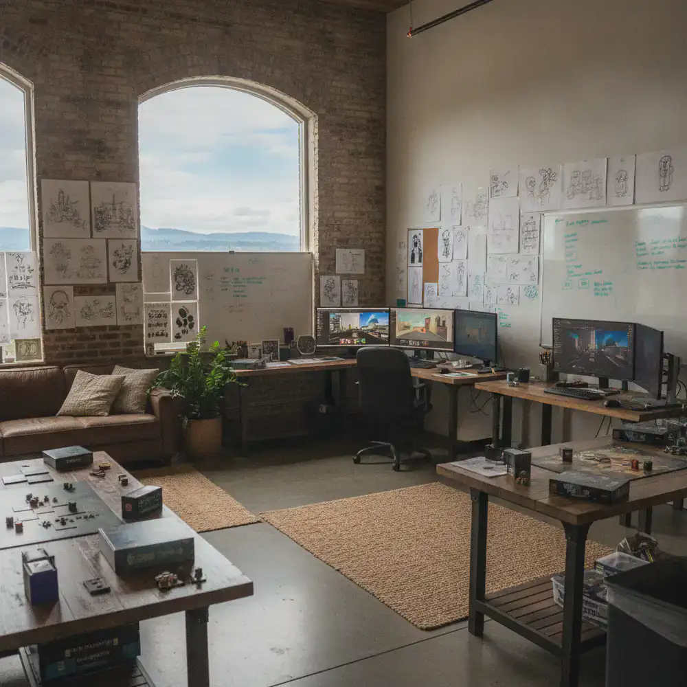 BasketDrop Games studio space in Portland showing game sketches