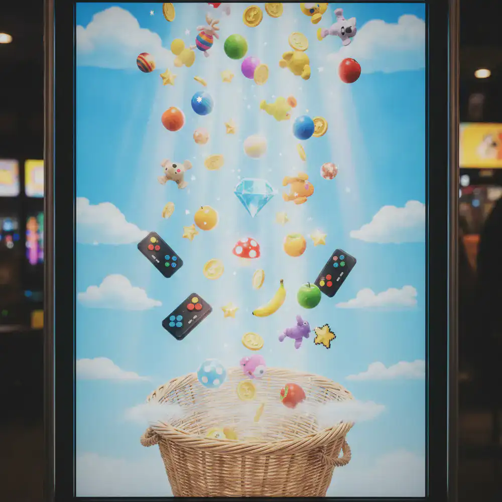 Vibrant screenshot of the BasketDrop arcade game with items falling towards the player basket