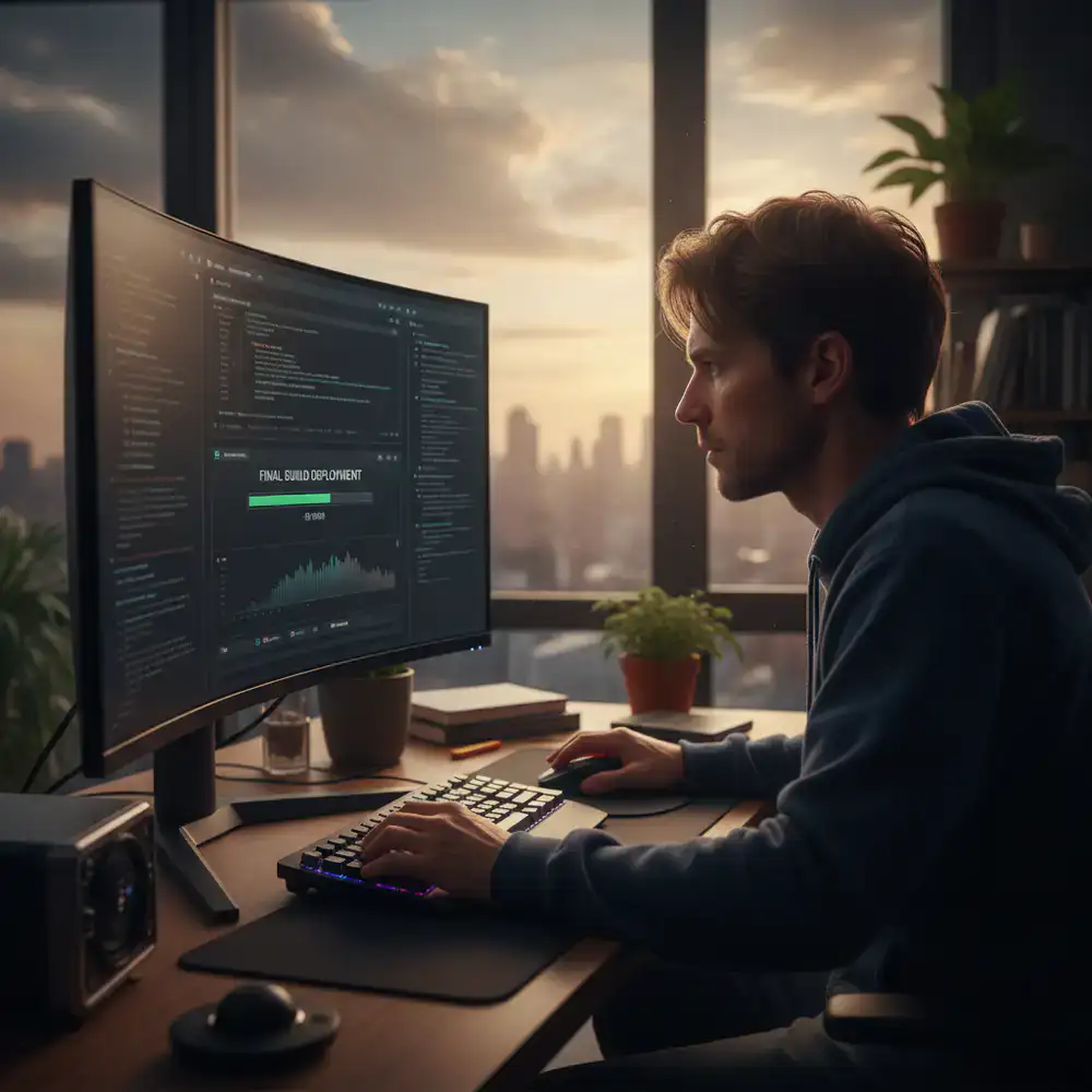Developer adjusting final game launch build on a monitor