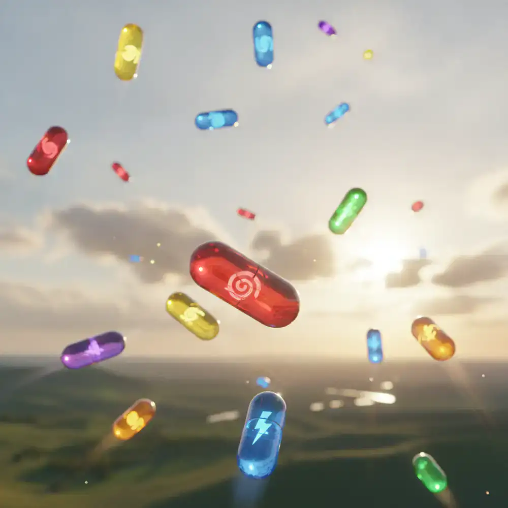 Brightly colored power-up capsules floating downwards