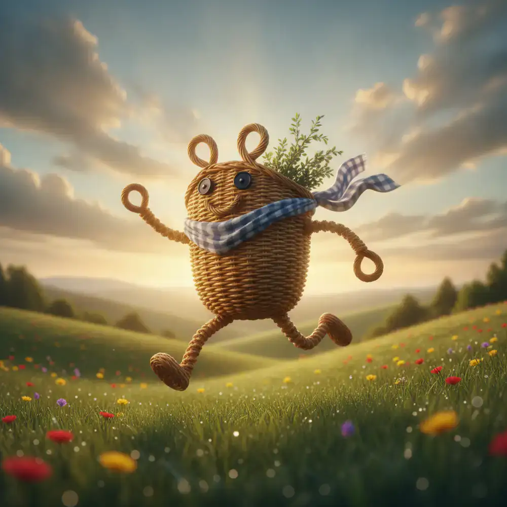 The main basket character design showing joyful expression and dynamic movement