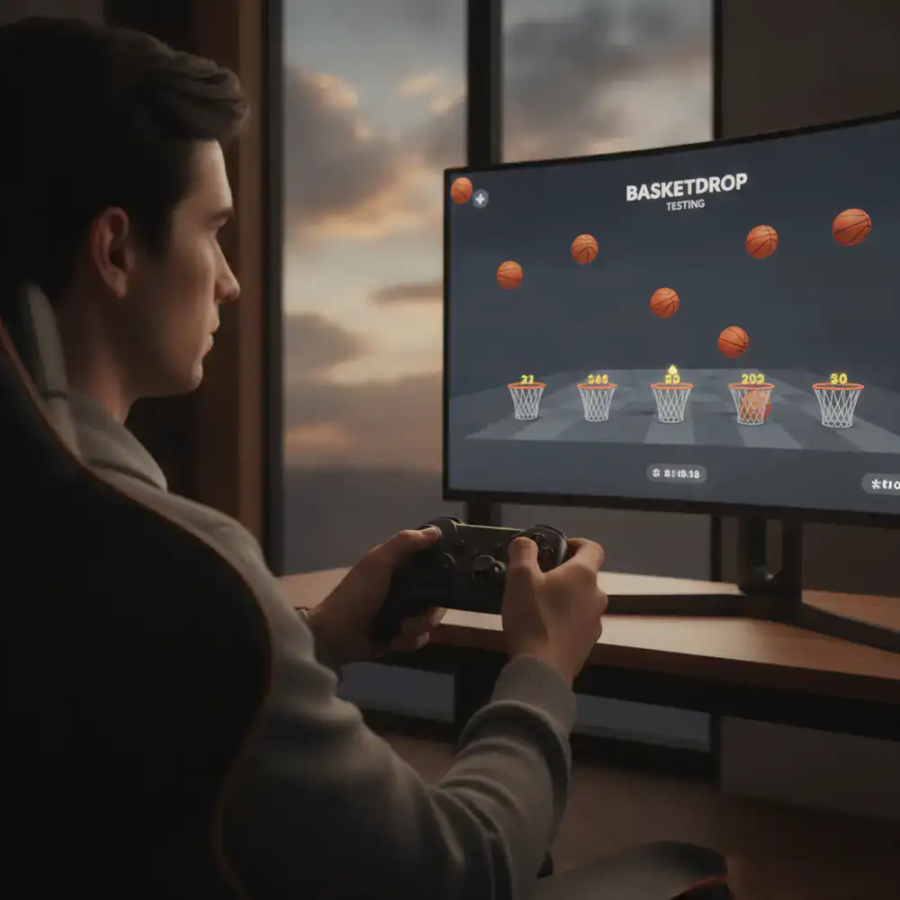 Player holding a controller focused on BasketDrop testing