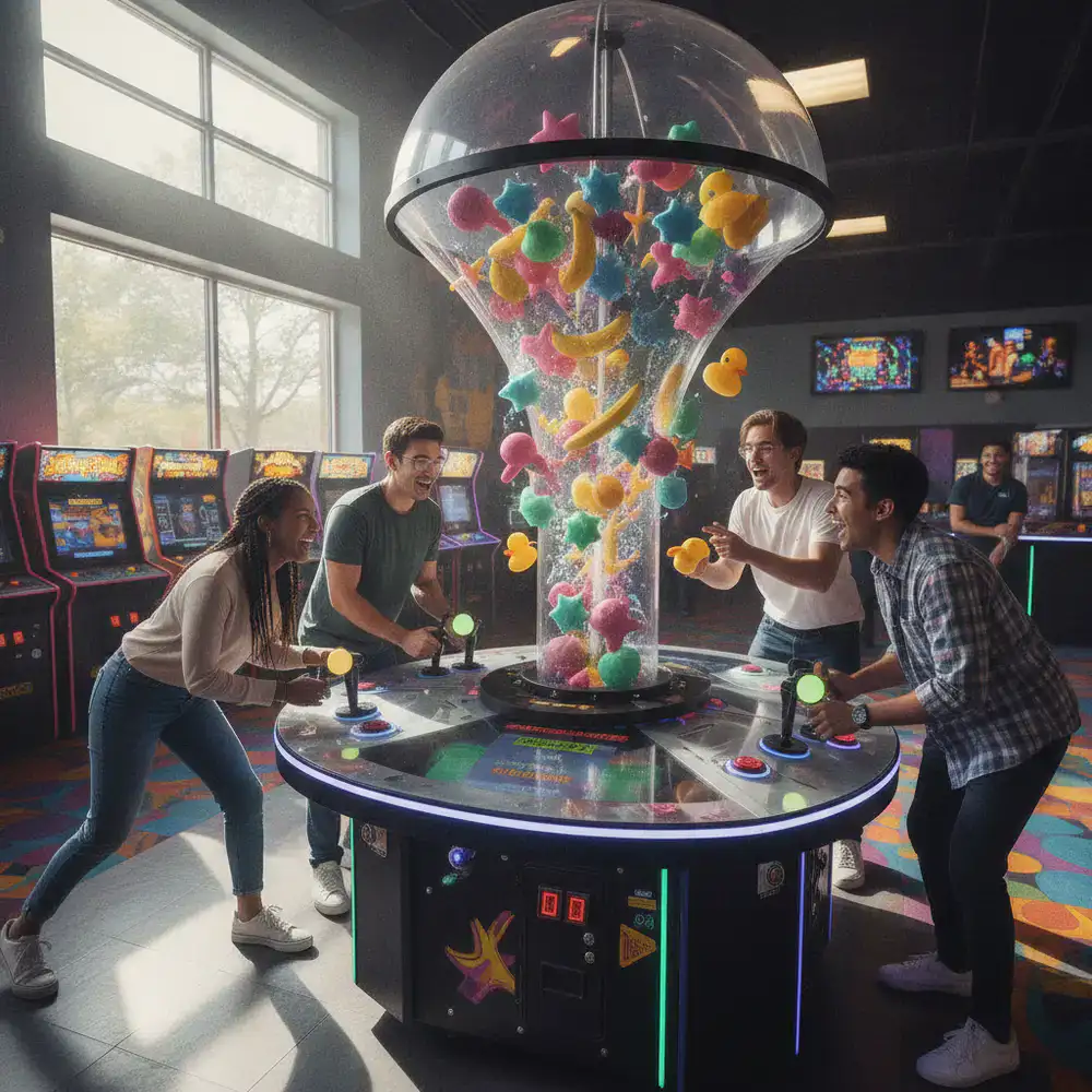 Players testing the catch-the-item game mechanics at a local arcade setup