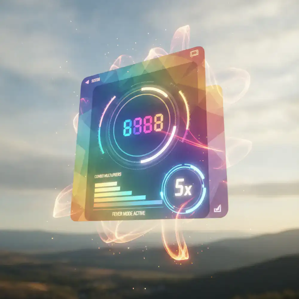 Colorful score counter interface with combo multipliers and fever mode active