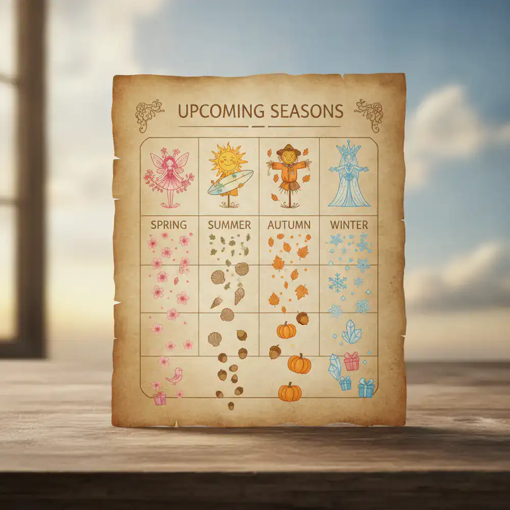 Design document showing upcoming seasonal characters and falling items